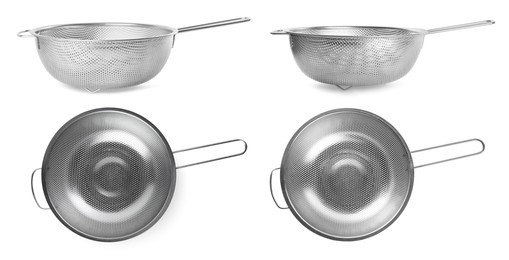 Image of Clean sieves isolated on white, top and side views