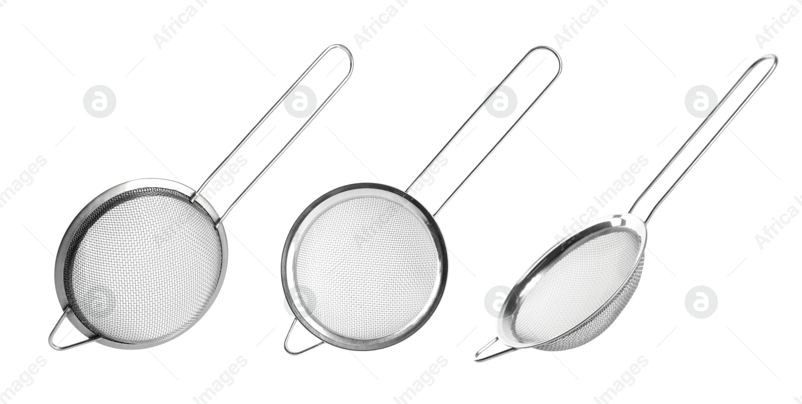 Image of Clean sieve isolated on white, views from different sides