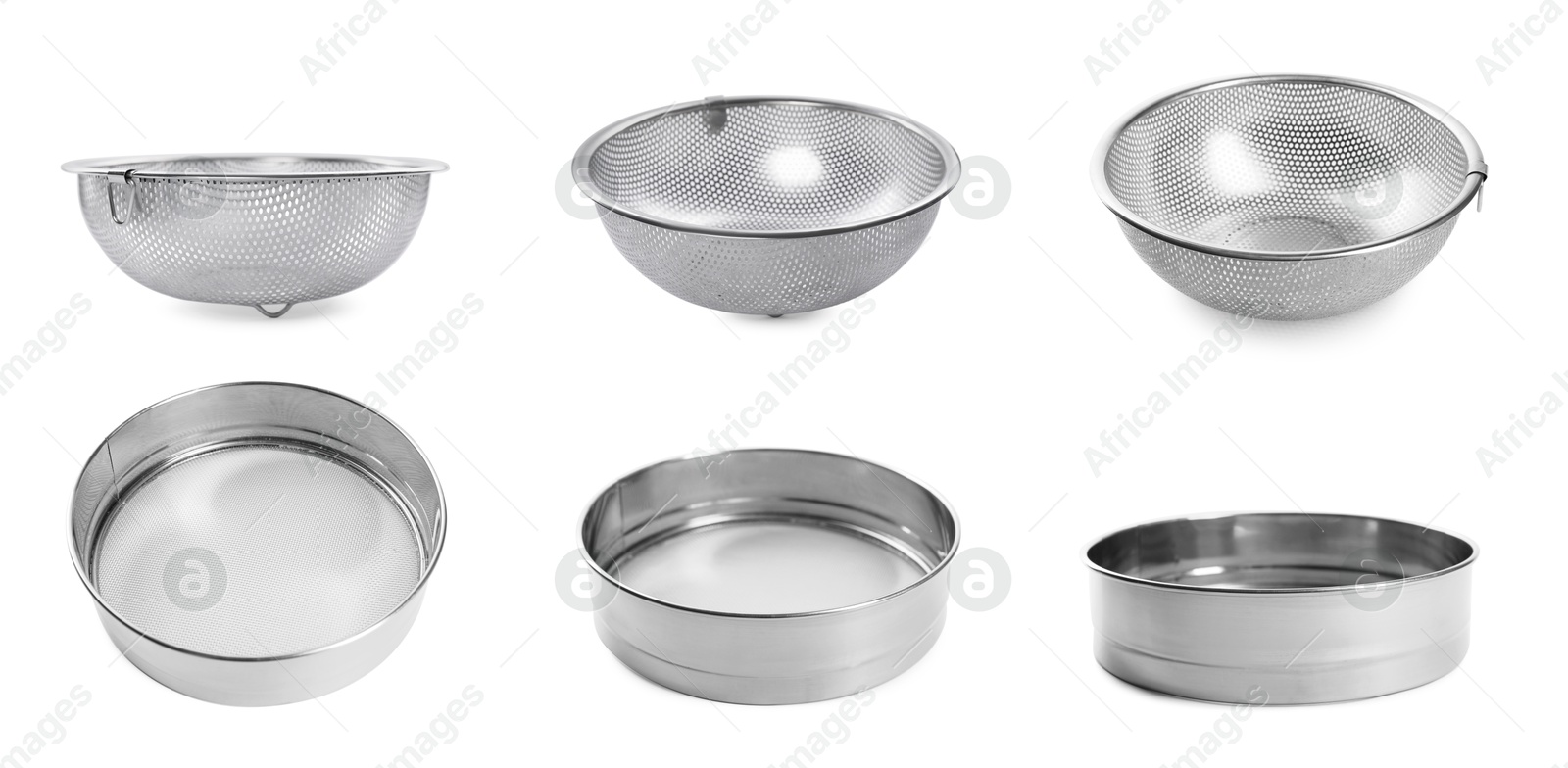 Image of Sieve and colander isolated on white, view from different sides