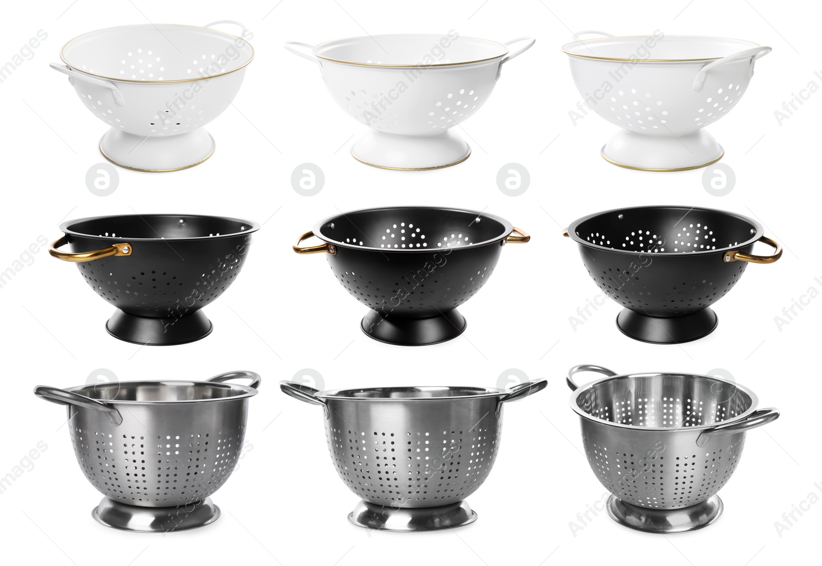 Image of Set of different colanders isolated on white