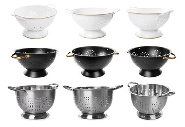 Image of Set of different colanders isolated on white