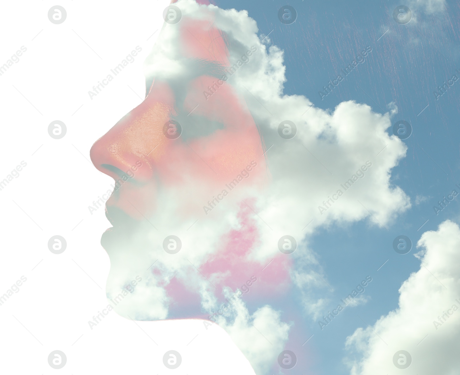 Image of Beautiful woman and picturesque sky with clouds, double exposure