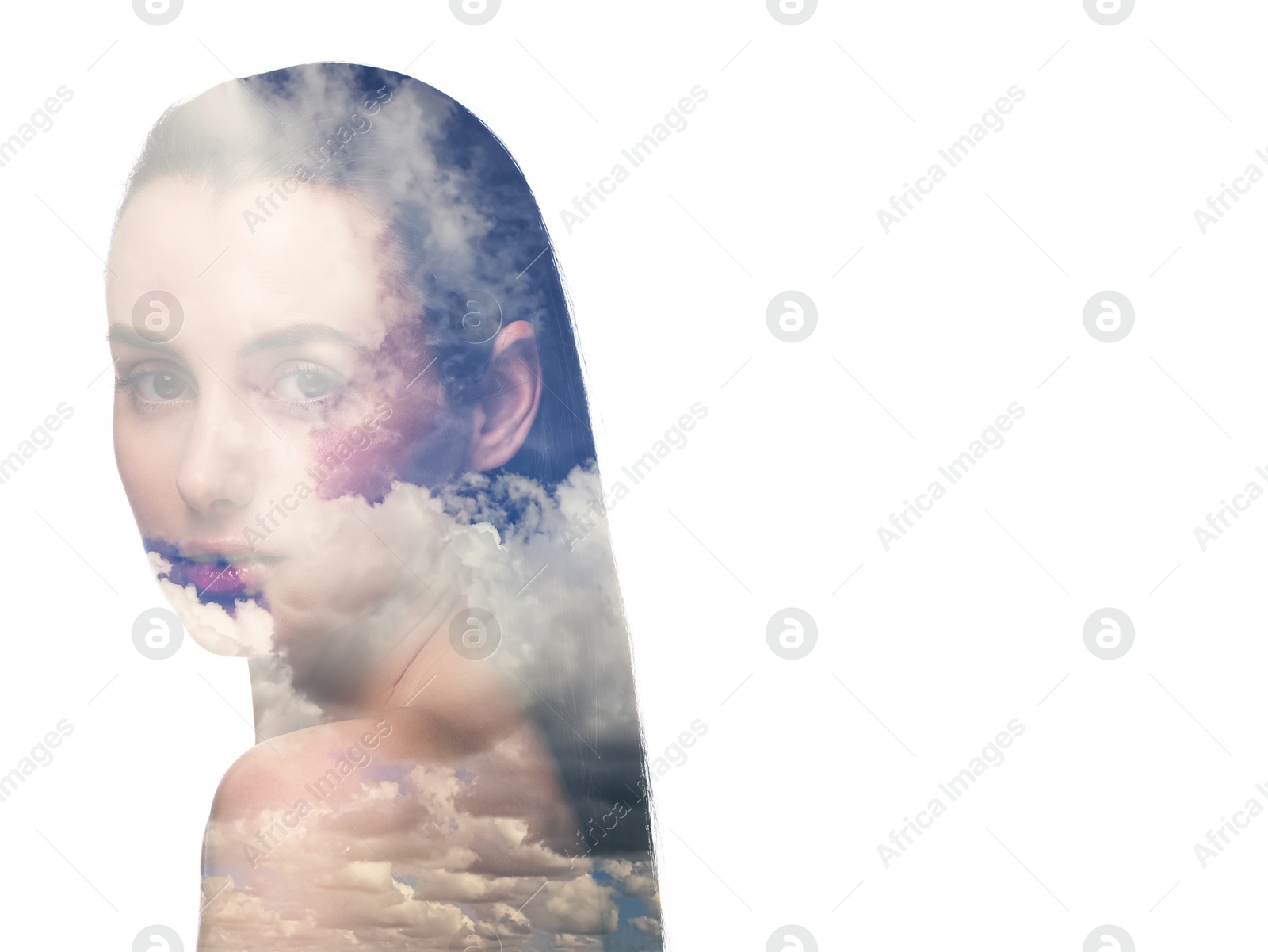 Image of Beautiful woman and picturesque sky with clouds, double exposure