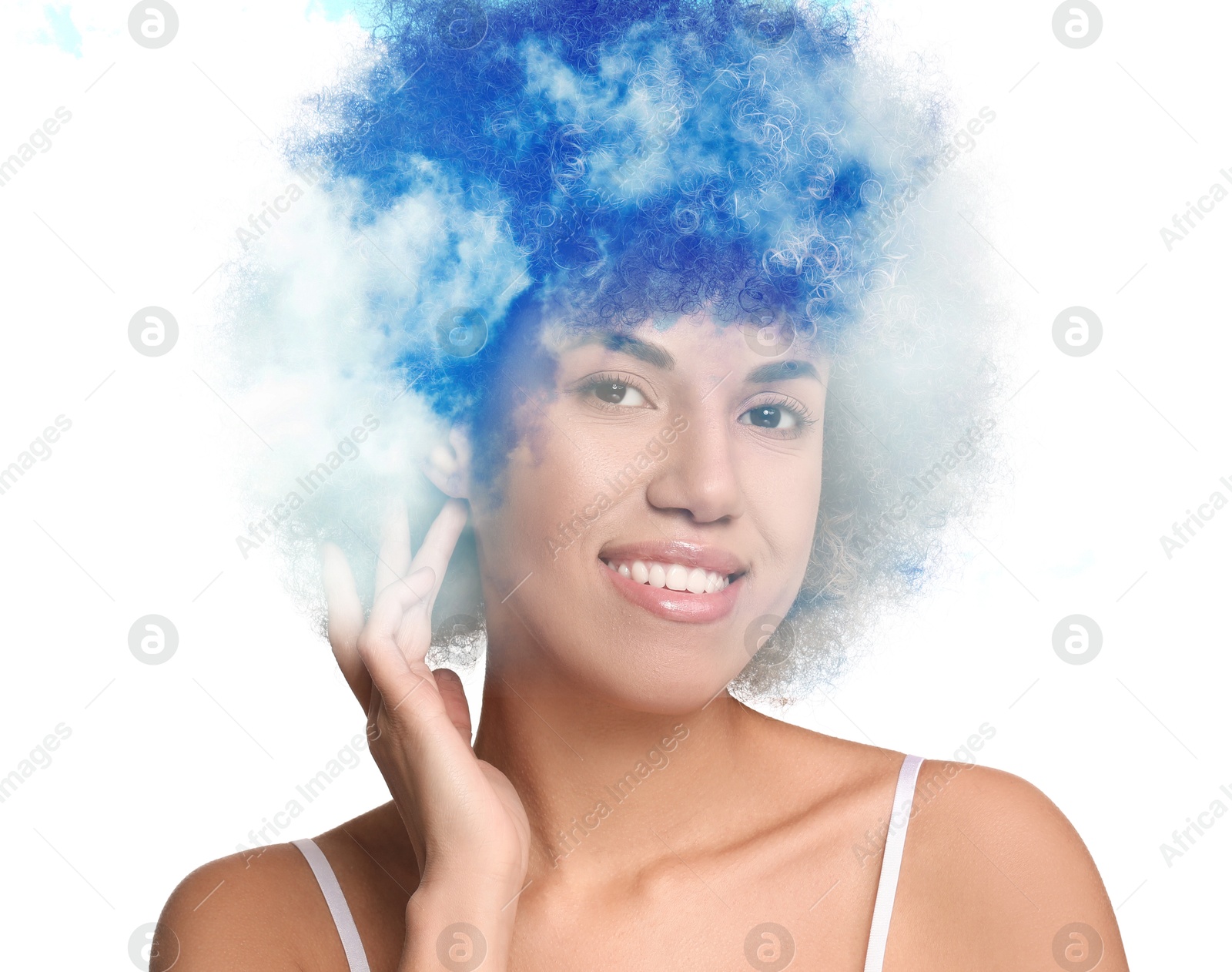 Image of Happy woman and beautiful sky with clouds, double exposure