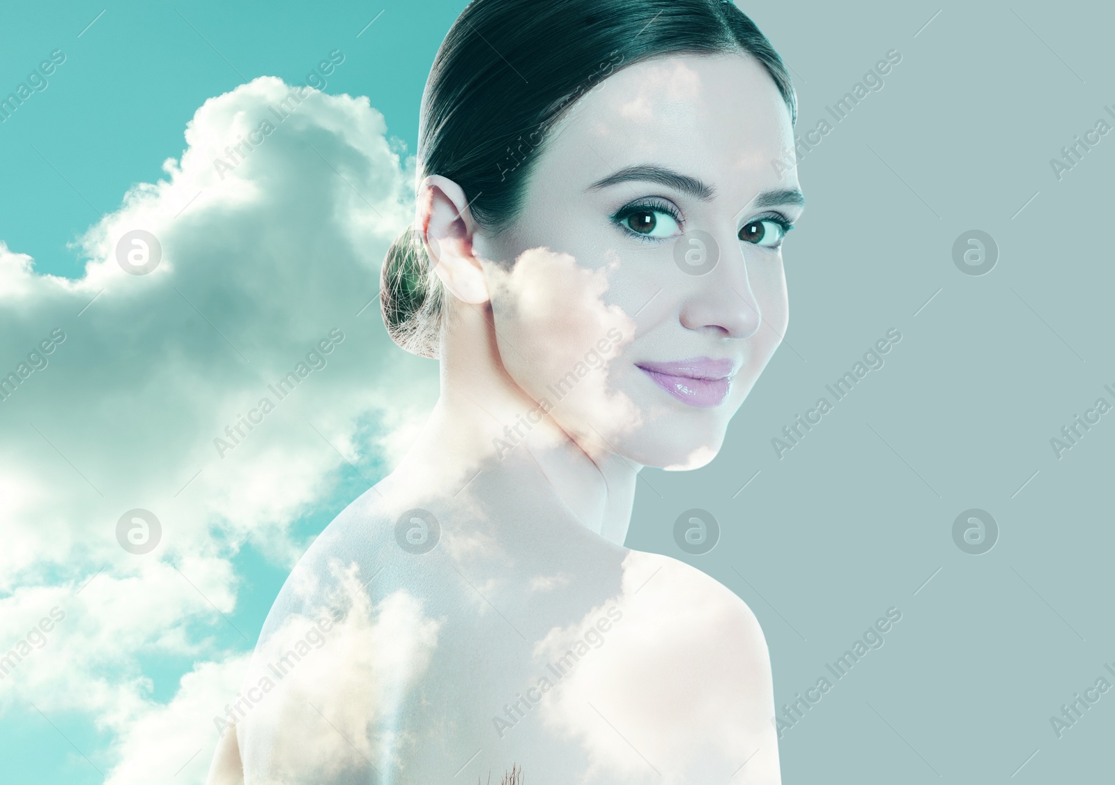 Image of Beautiful woman and picturesque sky with clouds, double exposure