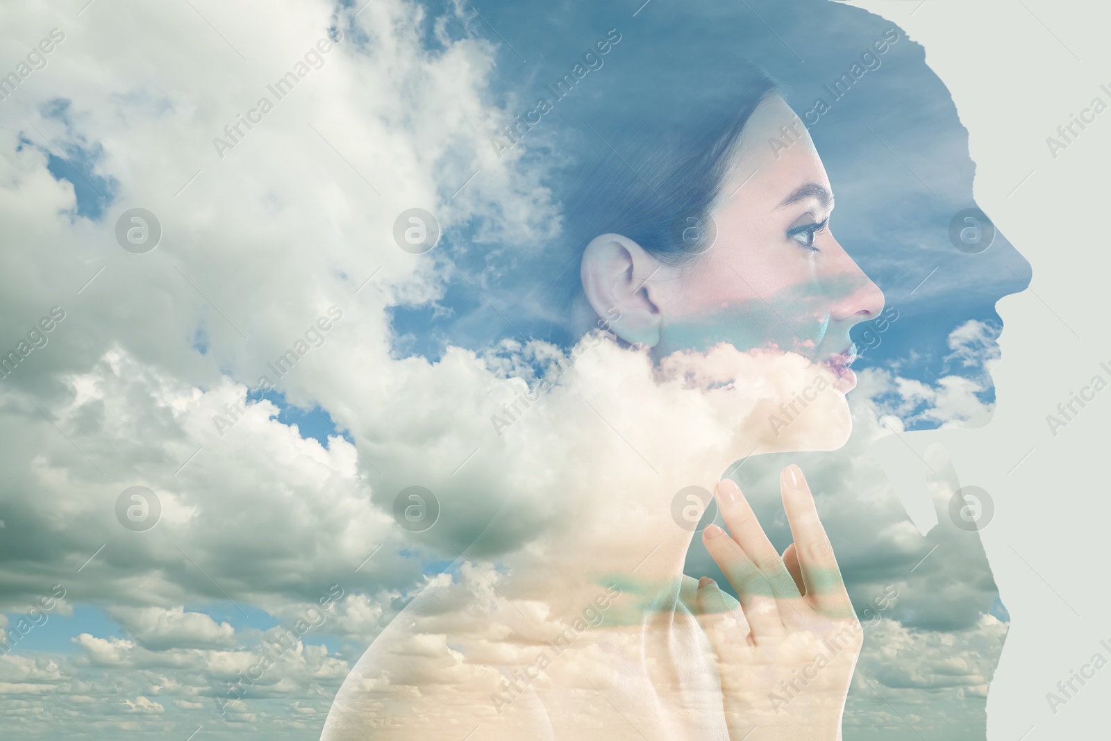 Image of Beautiful woman and picturesque sky with clouds, double exposure