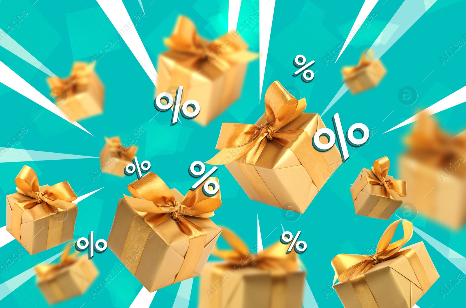 Image of Gift boxes in air and percent signs on turquoise background. Discount flyer design