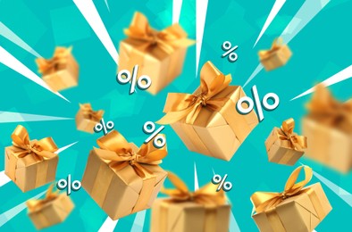 Gift boxes in air and percent signs on turquoise background. Discount flyer design