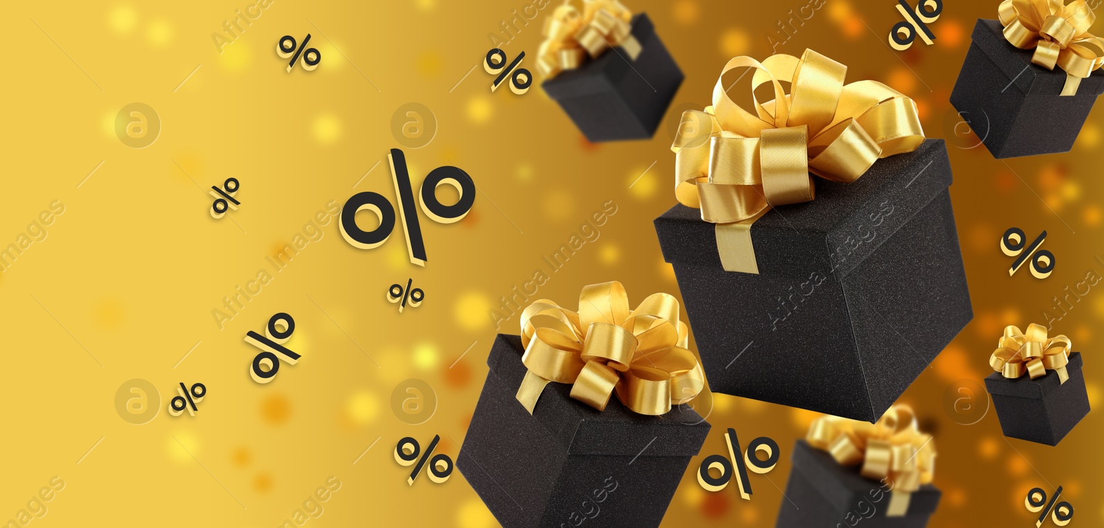 Image of Gift boxes in air and percent signs on golden background, banner design. Discount offer