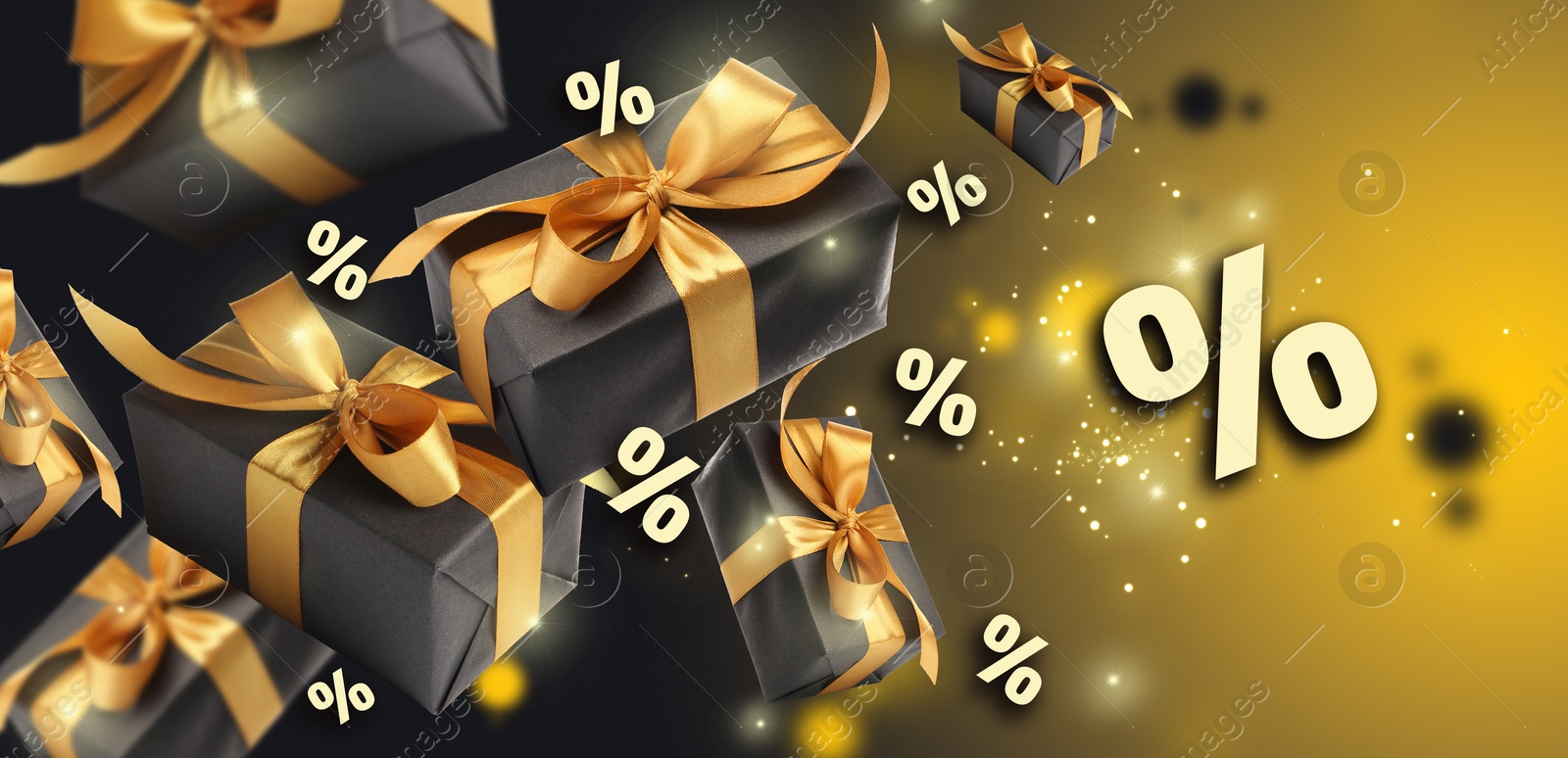 Image of Gift boxes in air and percent signs on golden gradient background, banner design. Discount offer