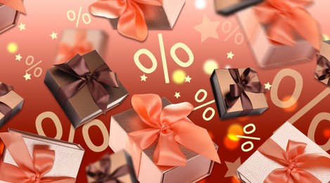 Image of Gift boxes in air and percent signs on red gradient background, banner design. Discount offer