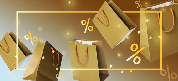 Image of Shopping bags in air and percent signs on golden gradient background, banner design. Discount offer