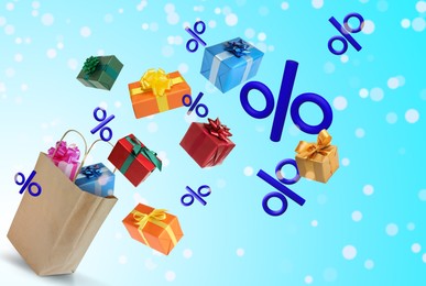 Image of Gift boxes and percent signs flying out of paper shopping bag on light blue gradient background. Discount flyer design