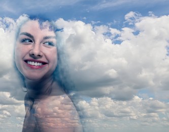 Image of Happy woman and beautiful sky with clouds, double exposure