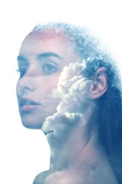 Image of Beautiful woman and picturesque sky with clouds, double exposure