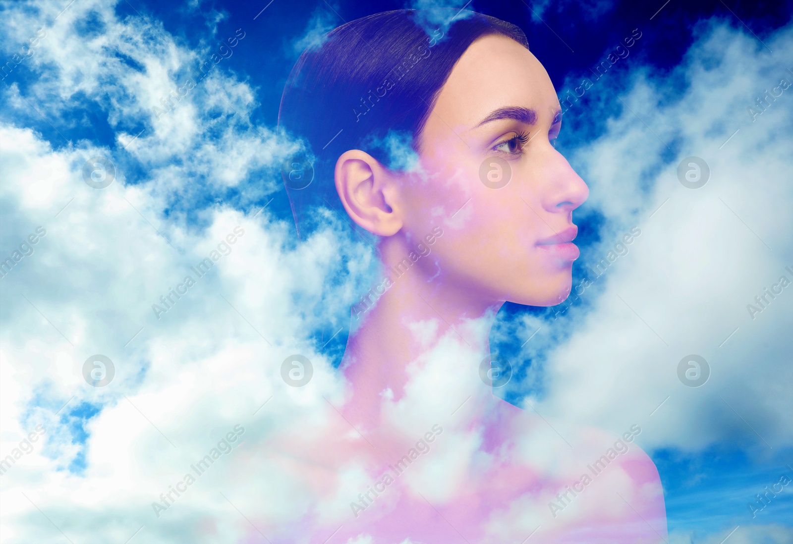 Image of Beautiful woman and picturesque sky with clouds, double exposure