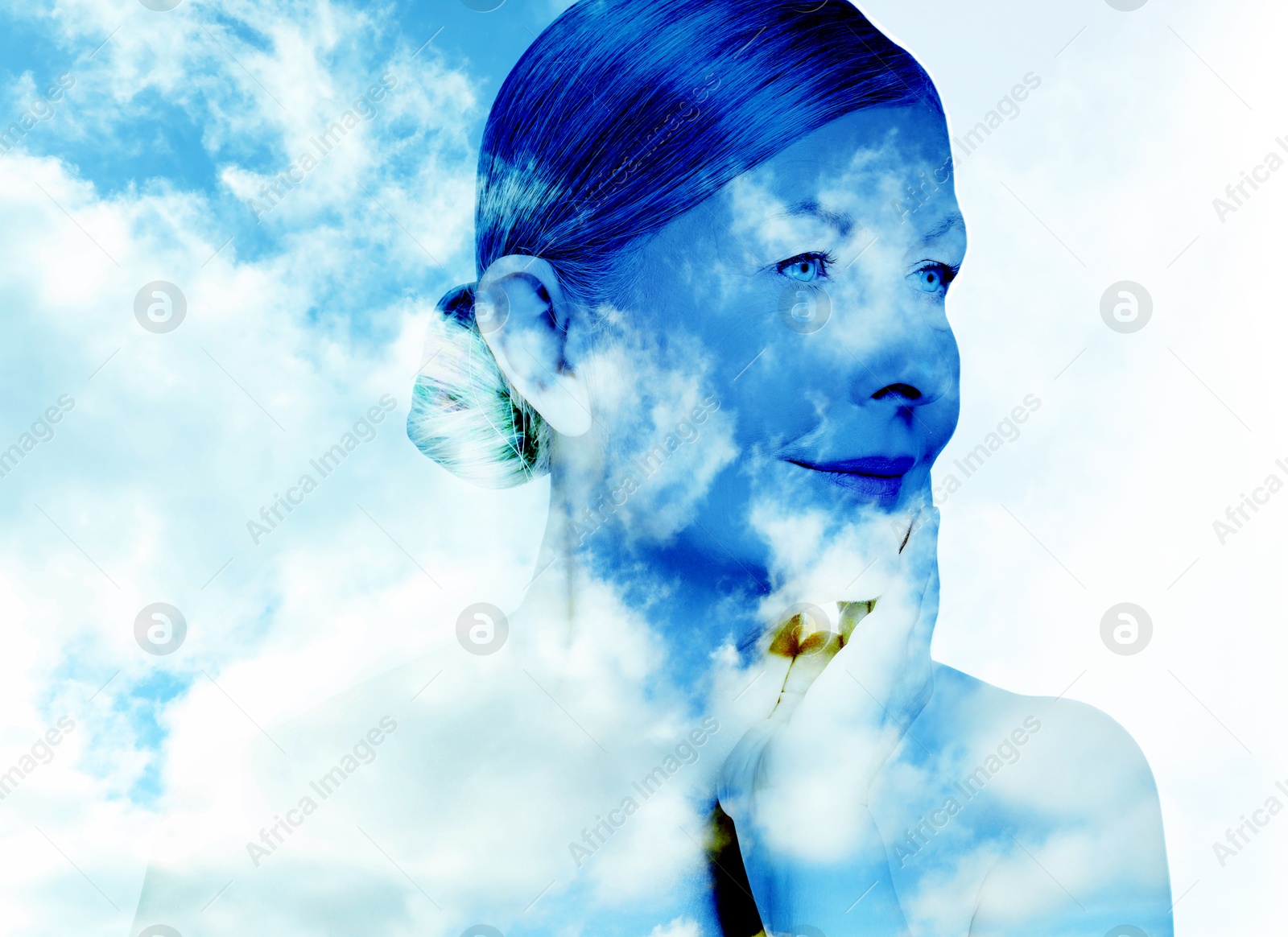 Image of Beautiful woman and picturesque sky with clouds, double exposure