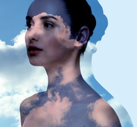 Image of Beautiful woman and picturesque sky with clouds, double exposure