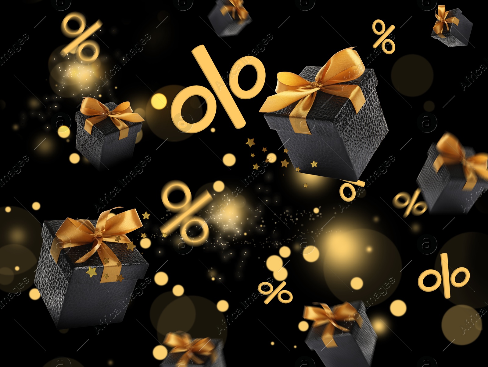 Image of Gift boxes and percent signs in air on black background. Discount flyer design