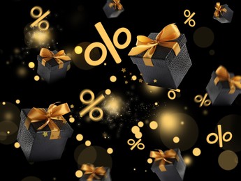 Gift boxes and percent signs in air on black background. Discount flyer design