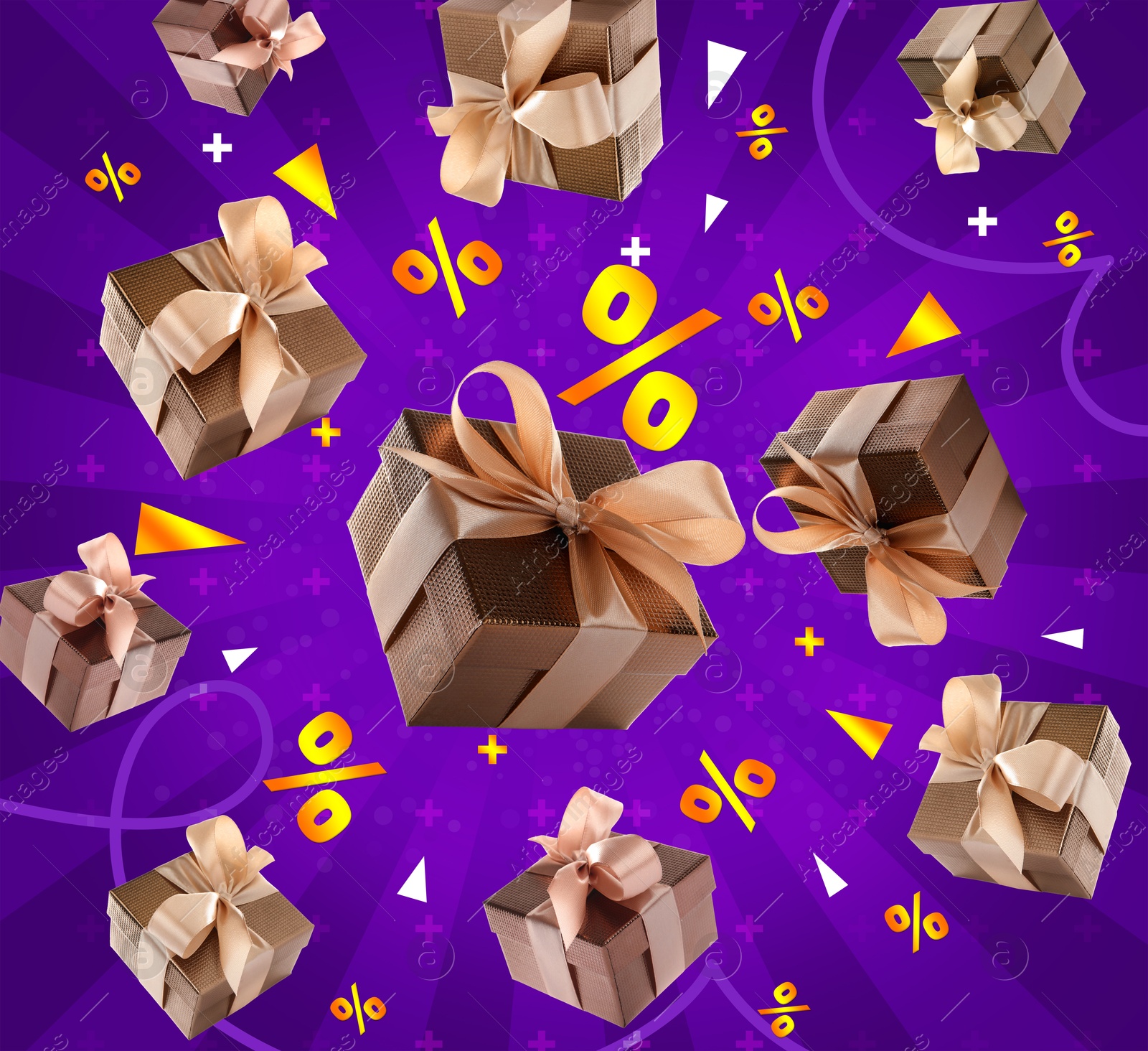 Image of Gift boxes and percent signs in air on purple background. Discount flyer design