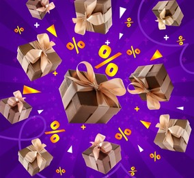 Image of Gift boxes and percent signs in air on purple background. Discount flyer design