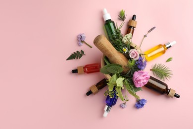 Photo of Aromatherapy. Different essential oils, fir twigs, flowers and green leaves on pink background, flat lay. Space for text