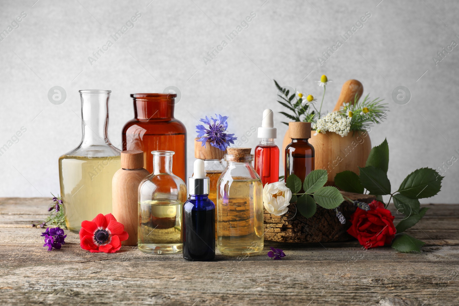 Photo of Aromatherapy. Different essential oils, flowers and green leaves on wooden table