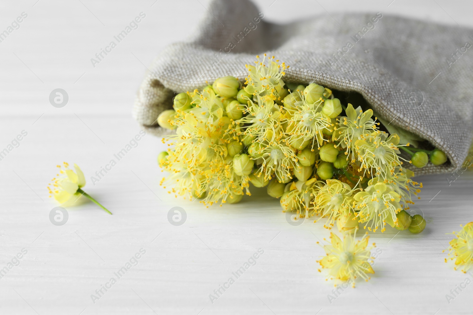 Photo of Fresh linden leaves and flowers in bag on white wooden table, closeup