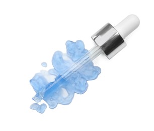 Photo of Pipette with chemical peel isolated on white, top view. Peeling procedure