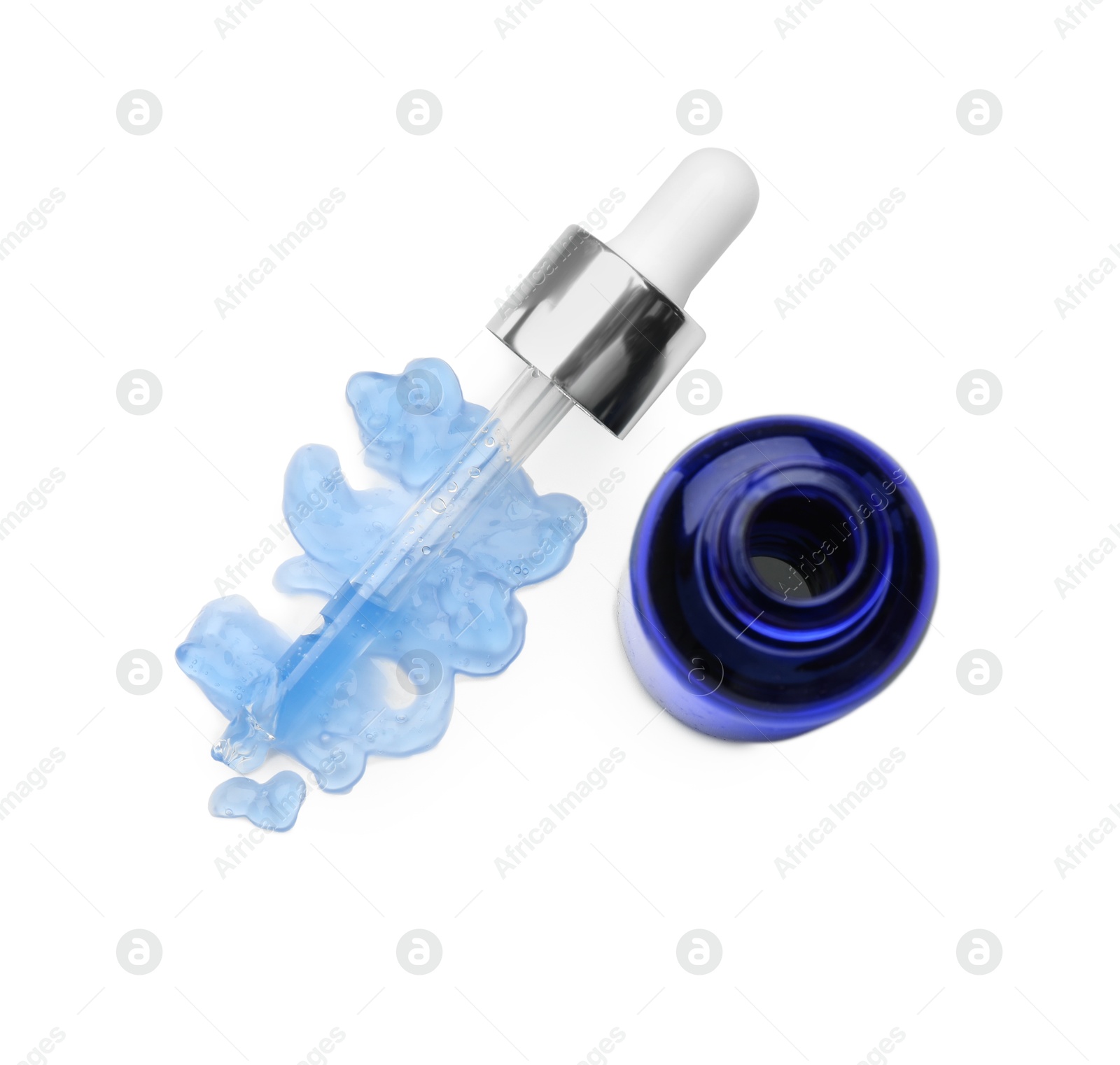 Photo of Pipette and bottle of chemical peel isolated on white, top view. Peeling procedure