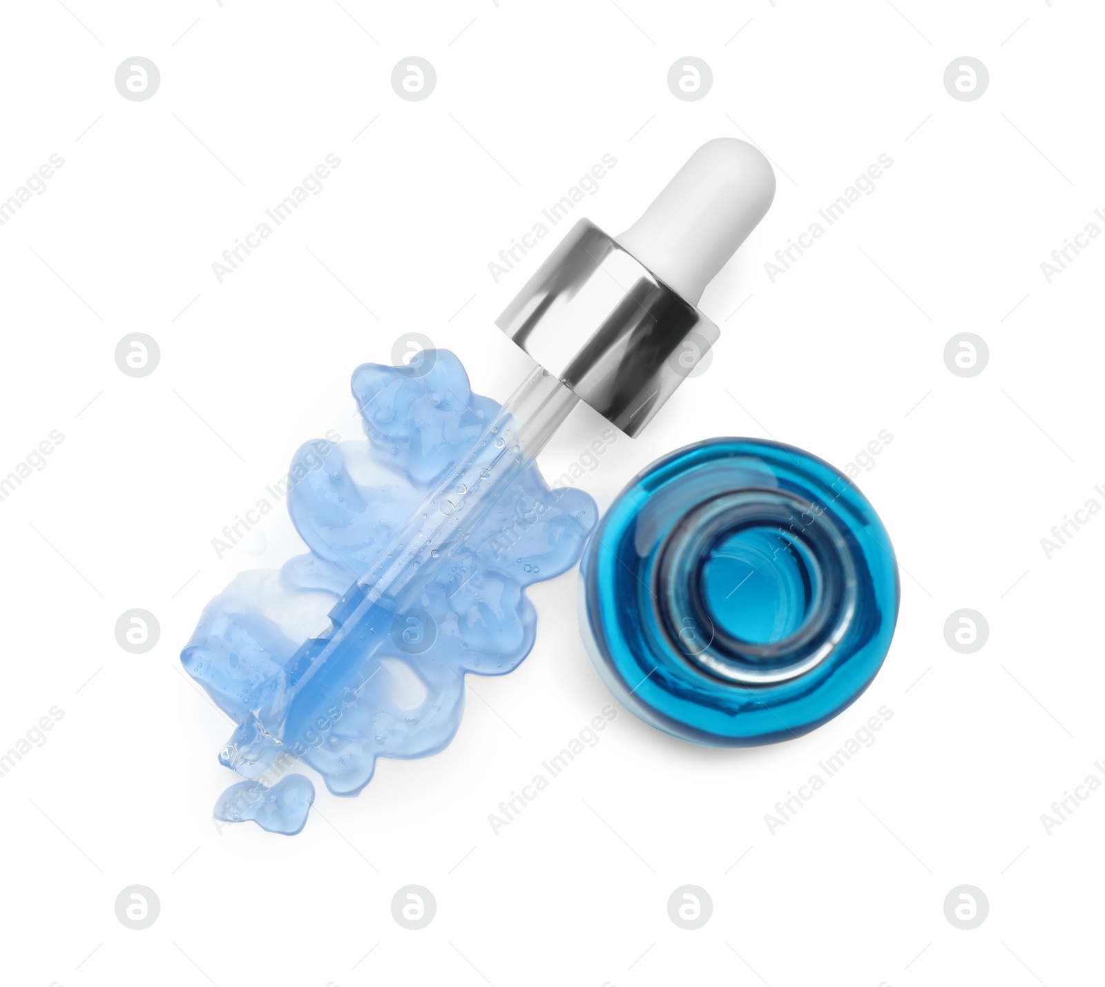 Photo of Pipette and bottle of chemical peel isolated on white, top view. Peeling procedure