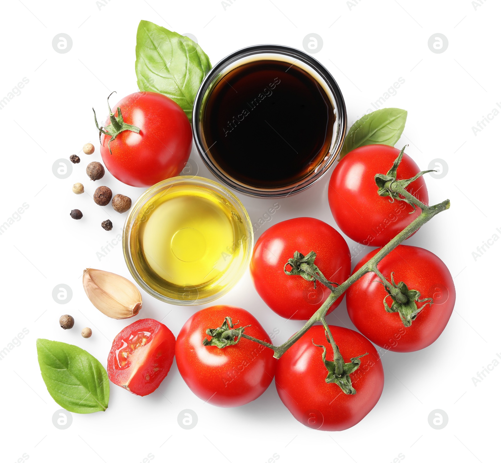 Photo of Delicious balsamic vinegar, olive oil, tomatoes and spices isolated on white, top view