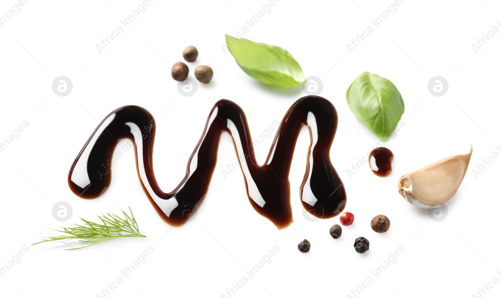 Photo of Delicious balsamic vinegar, basil, garlic, dill and peppercorns isolated on white