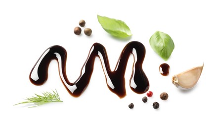 Photo of Delicious balsamic vinegar, basil, garlic, dill and peppercorns isolated on white