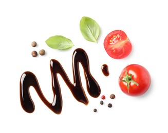 Photo of Delicious balsamic vinegar, tomatoes, basil and peppercorns isolated on white, top view