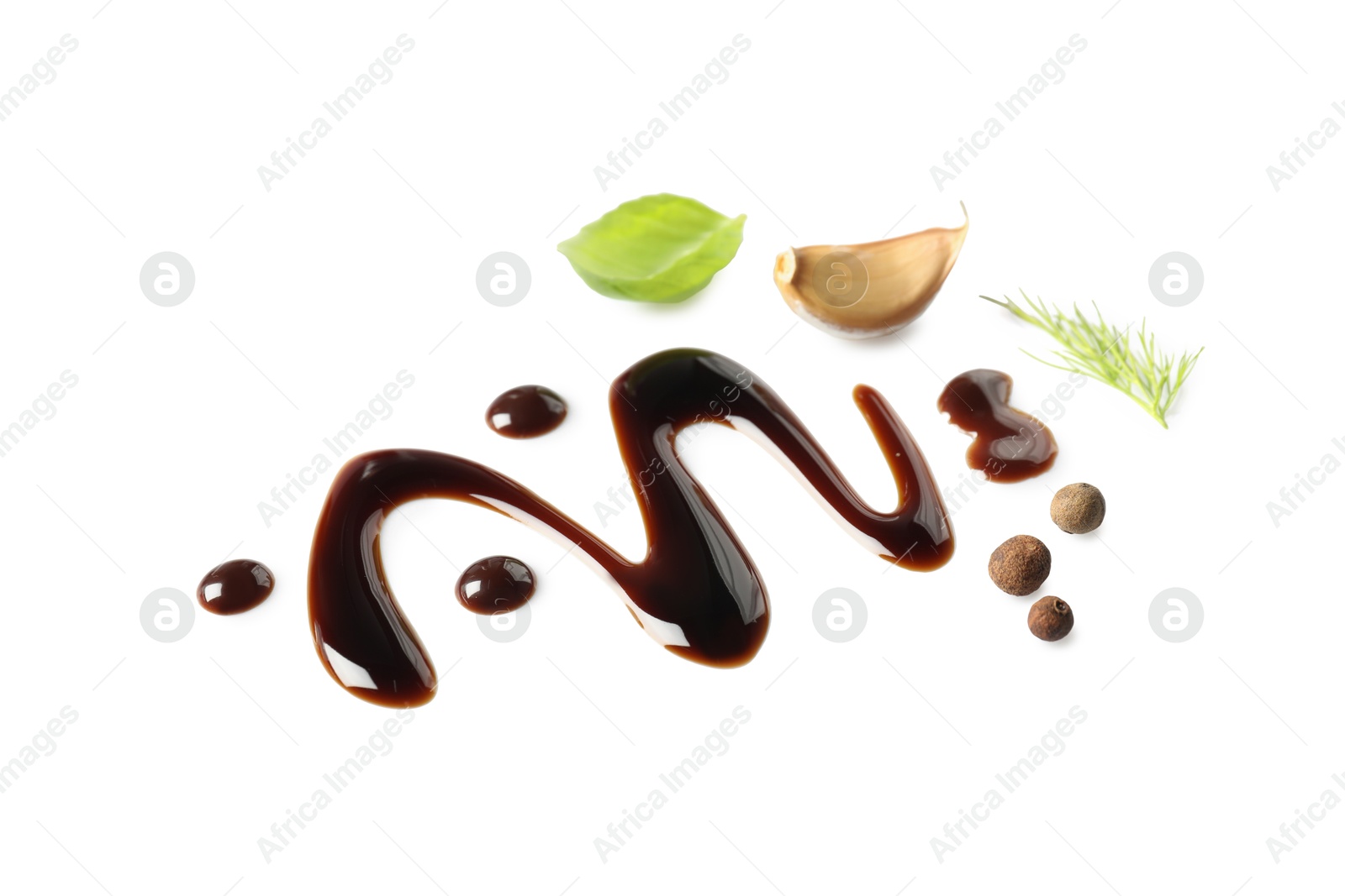 Photo of Delicious balsamic vinegar, basil, garlic, dill and peppercorns isolated on white