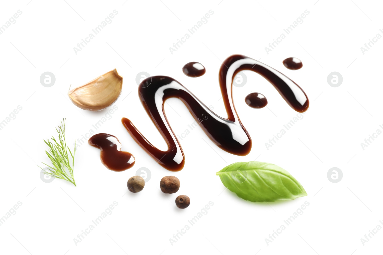 Photo of Delicious balsamic vinegar, basil, garlic, dill and peppercorns isolated on white