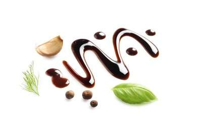 Delicious balsamic vinegar, basil, garlic, dill and peppercorns isolated on white