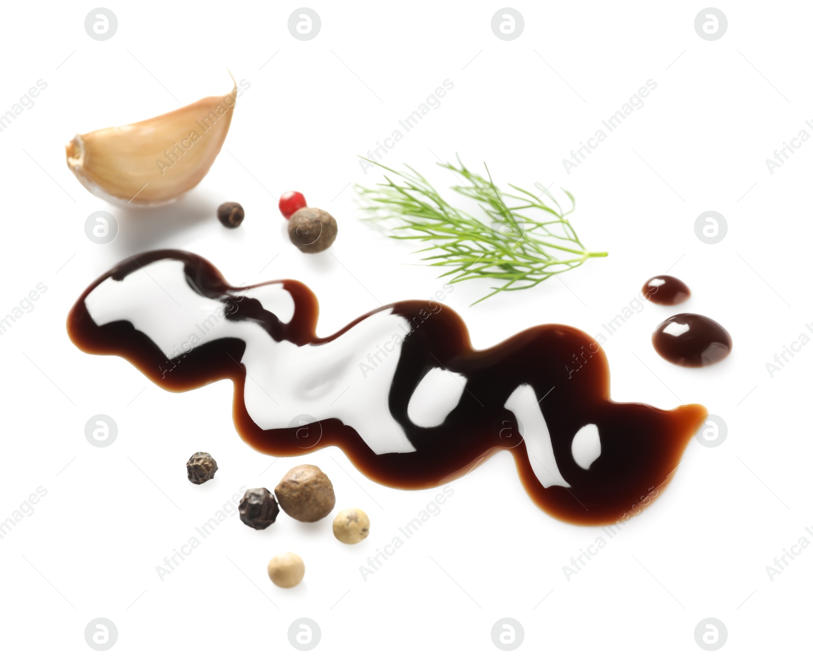 Photo of Delicious balsamic vinegar, garlic, dill and peppercorns isolated on white