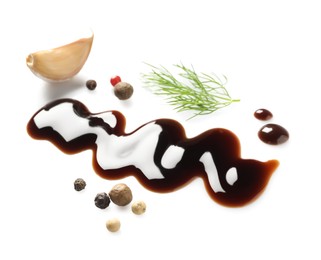 Photo of Delicious balsamic vinegar, garlic, dill and peppercorns isolated on white