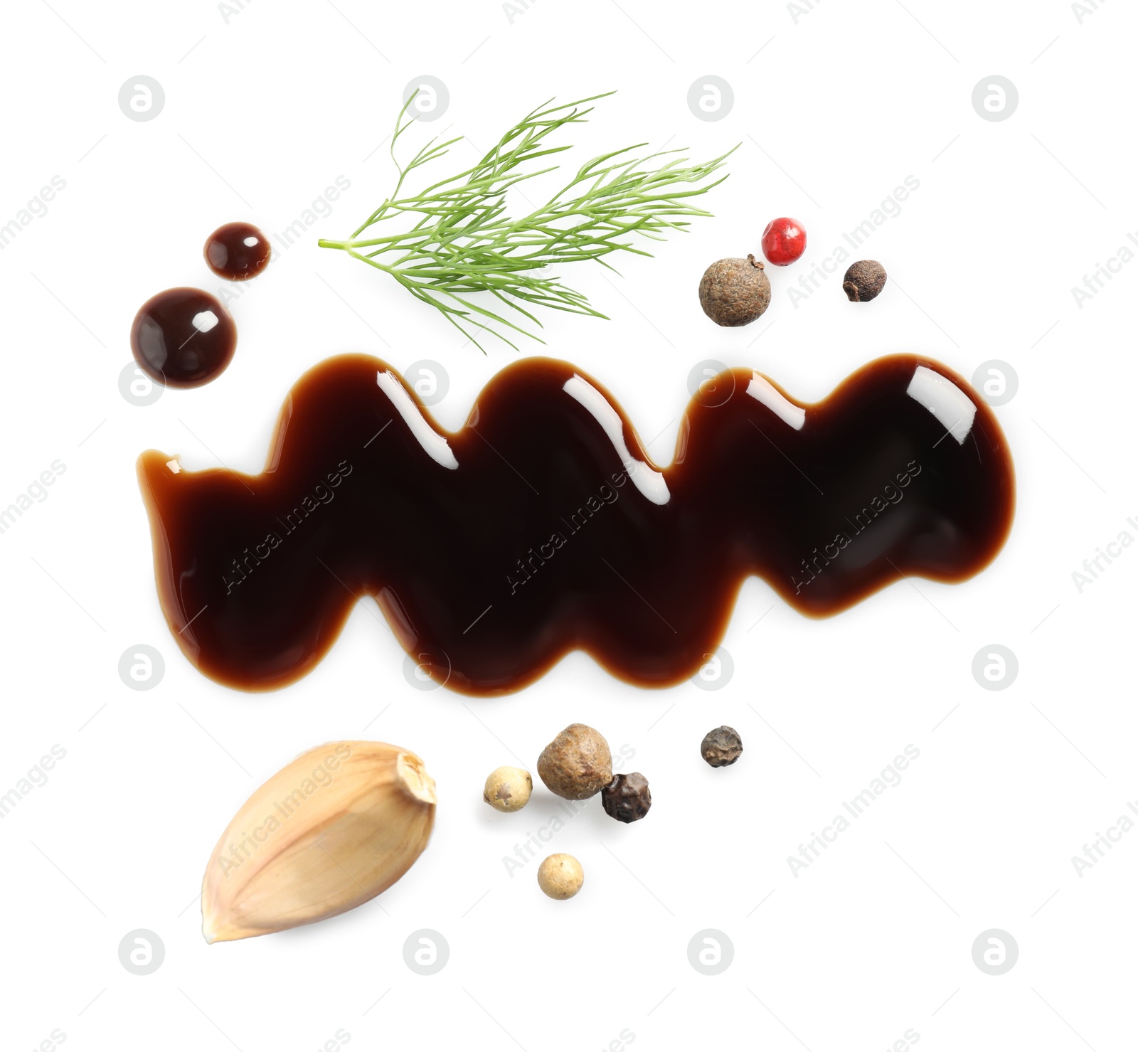 Photo of Delicious balsamic vinegar, garlic, dill and peppercorns isolated on white, top view