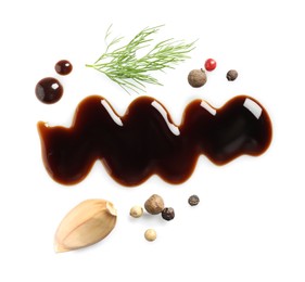 Photo of Delicious balsamic vinegar, garlic, dill and peppercorns isolated on white, top view