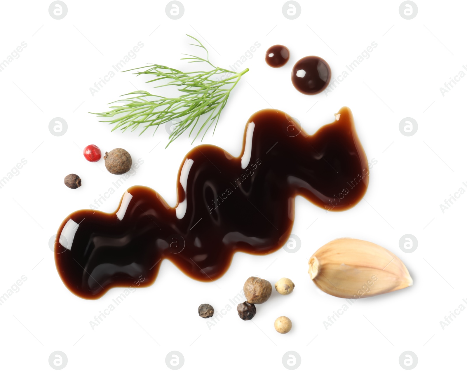 Photo of Delicious balsamic vinegar, garlic, dill and peppercorns isolated on white, top view