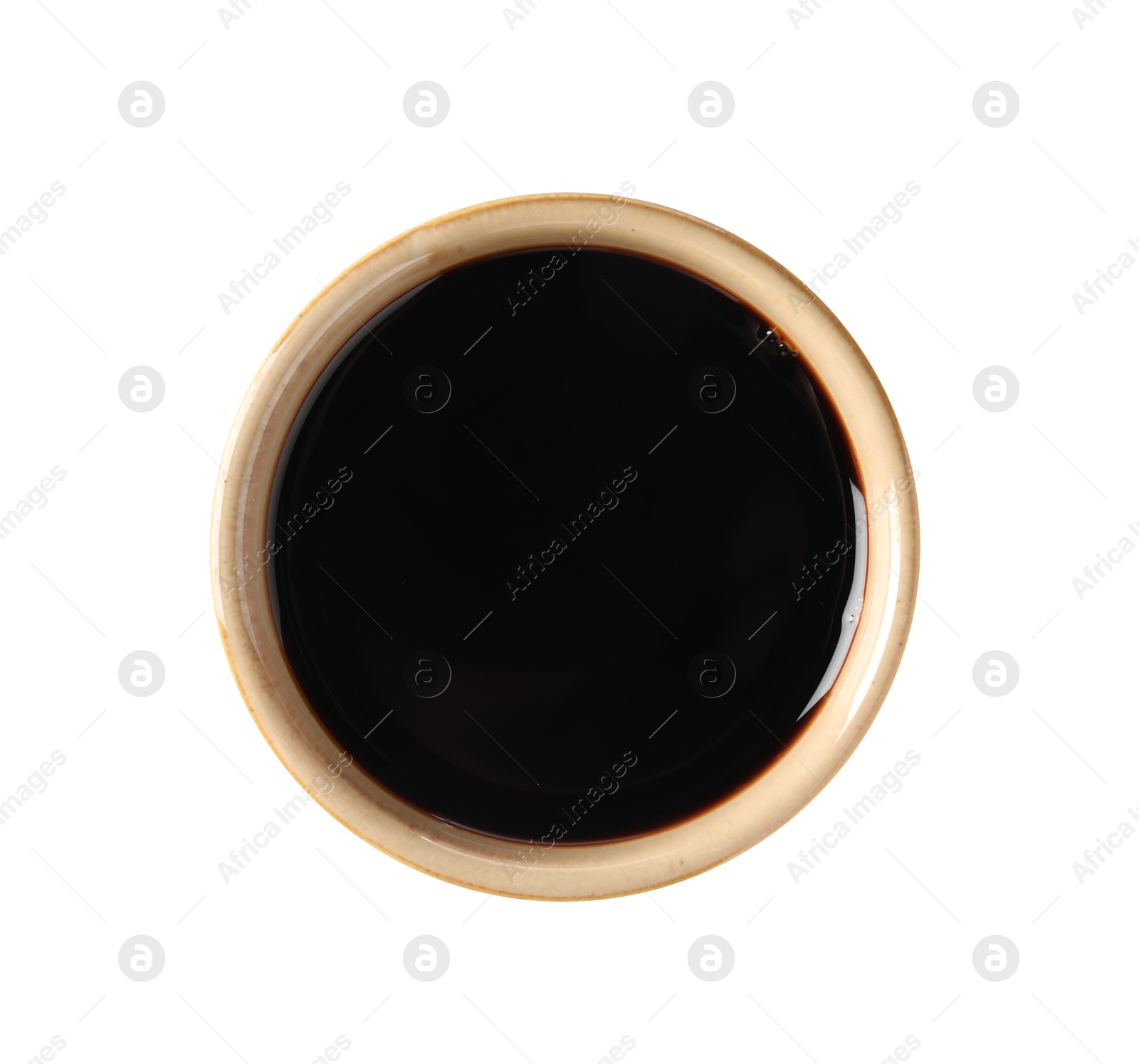 Photo of Balsamic vinegar in bowl isolated on white, top view