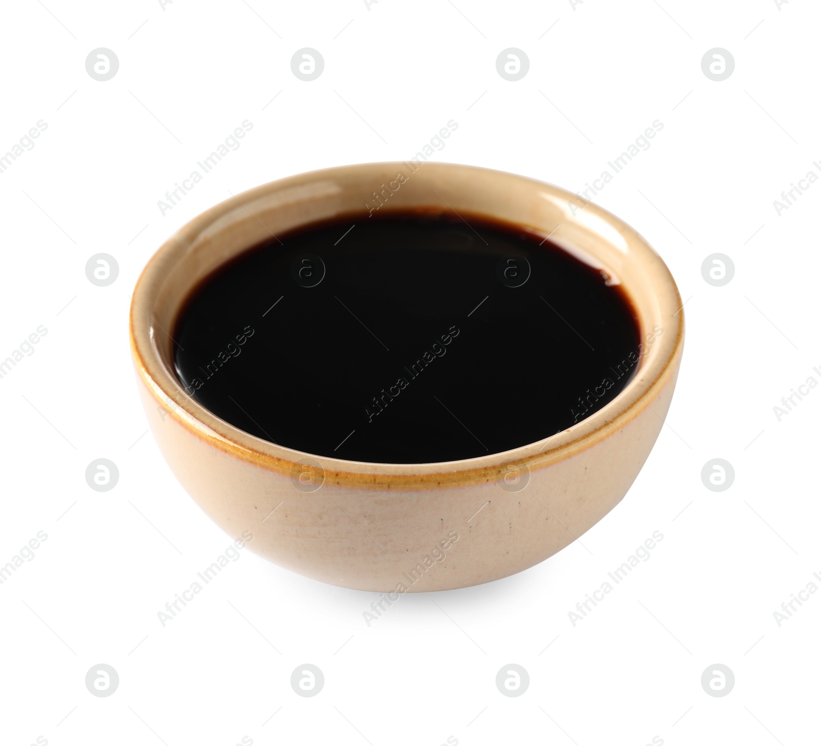 Photo of Balsamic vinegar in bowl isolated on white