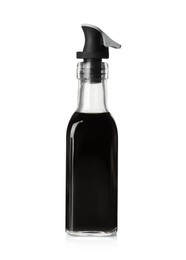 Photo of Balsamic vinegar in bottle isolated on white