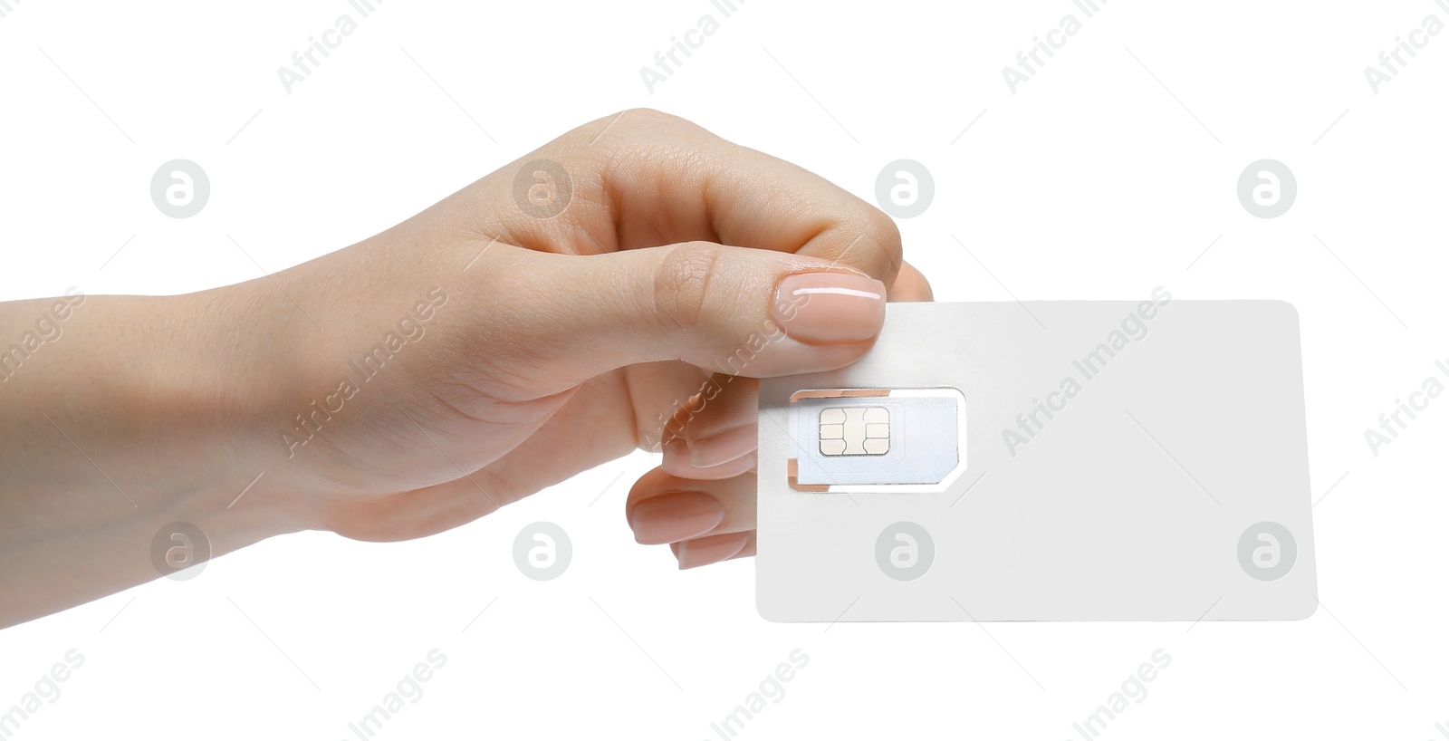 Photo of Woman holding modern SIM card on white background, closeup