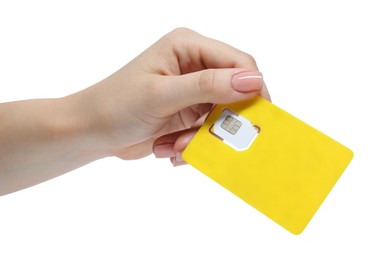 Photo of Woman holding modern SIM card on white background, closeup