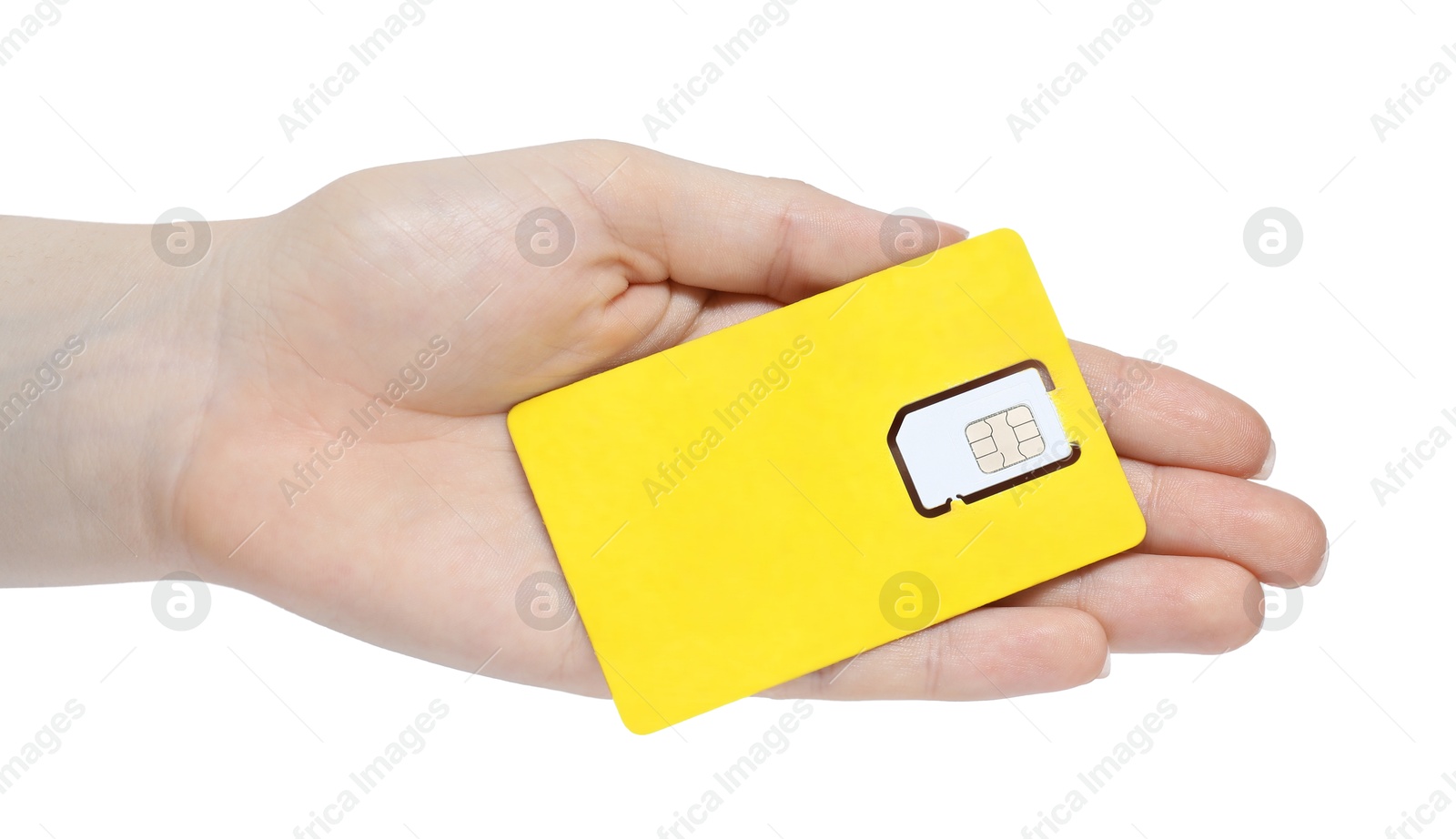 Photo of Woman holding modern SIM card on white background, closeup